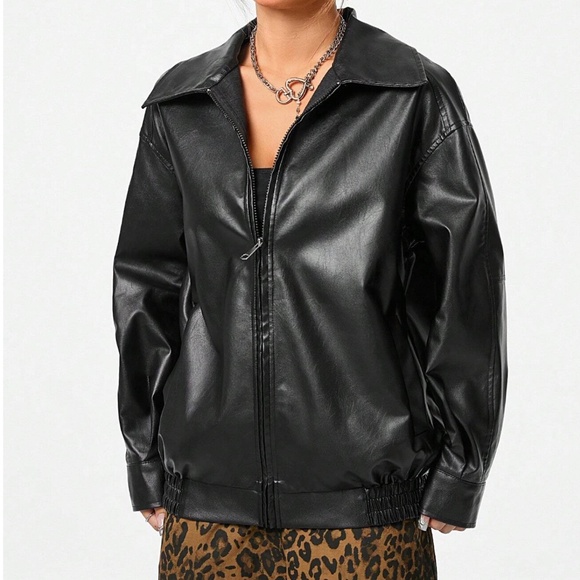 Luxe Vegan Leather Zipper Pockets Oversized Bomber Jacket - Picture 3 of 9